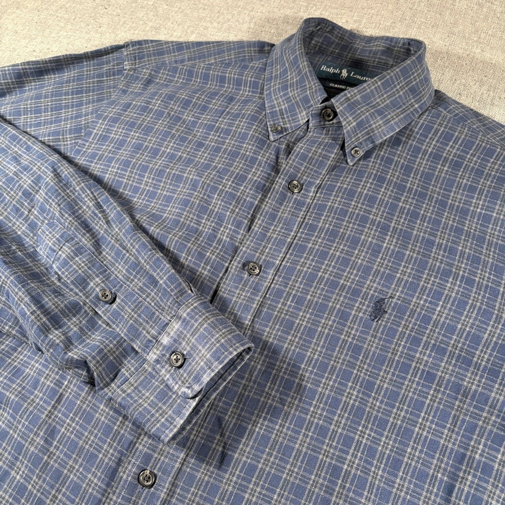 Ralph Lauren Button Down Shirt Mens Large Blue Plaid Classic Fit Long Sleeve